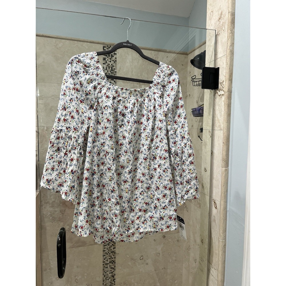 Womens Chaps 2X Blue Floral Blouse White Red Yellow Bell Sleeves NWT Gauzy